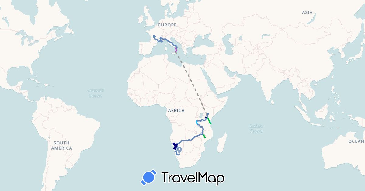 TravelMap itinerary: driving, bus, plane, cycling, train, boat in France, Italy, Kenya, Malawi, Namibia, Tanzania, Zambia (Africa, Europe)